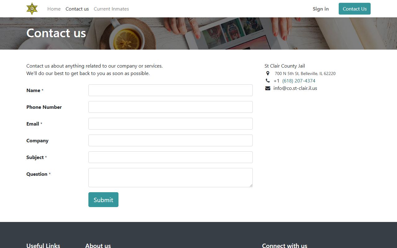 St. Clair County Jail portal contact page with Belleville address and phone